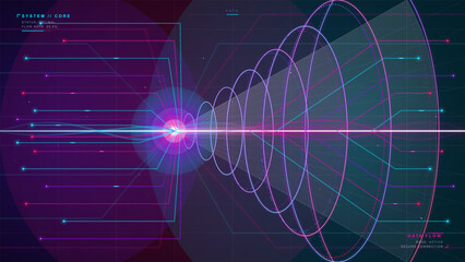Futuristic data flow interface with neon cyan and magenta circuit lines converging through glowing rings on a dark digital grid background © Антон Сальников