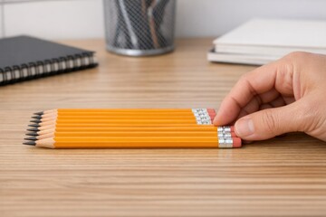 Obraz premium A person holds a pencil with an eraser on the end, ready to create or correct