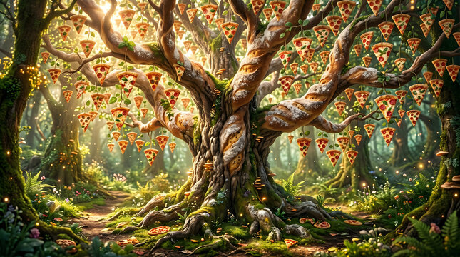 Pizza Tree Growing Slices Of Pepperoni Pizza In A Magical Enchanted Forest With Lush Green Foliage And Golden Sunlight Filtering Through The Dense Woodland Canopy