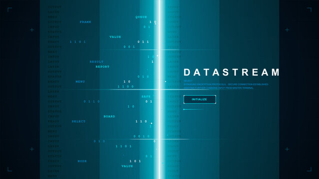 Futuristic datastream interface with vertical glowing cyan beam, binary code, command labels, initialize button, and dark digital grid background