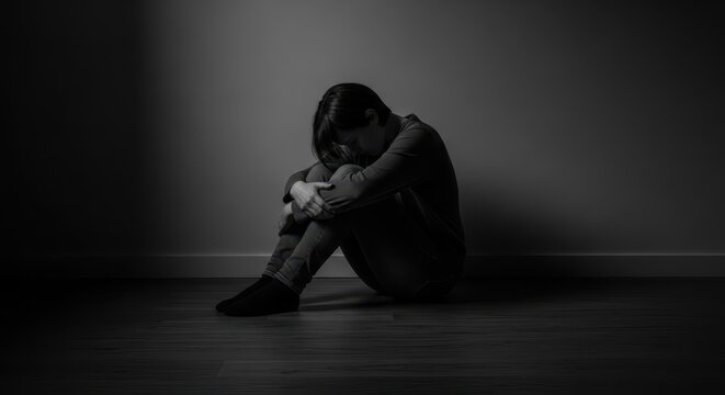 Isolated Figure in Shadow Embracing Knees in Somber Black and White Tones