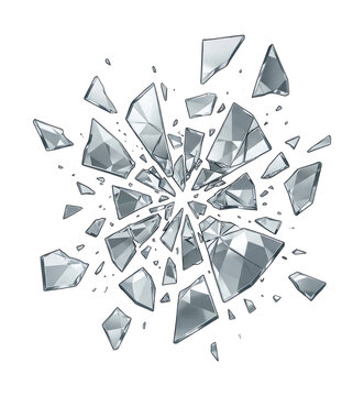 Cluster of realistic shattered glass shards exploding outward in a radial burst on a transparent background