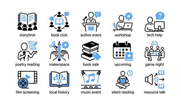 Event and program icons for library activities arranged in grid
