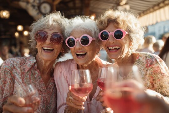 Three retired senior mature women in sunglasses selfie, laughing and drinking wine at an outdoor cafe, dressed up, enjoying the vacation together.  golden age of glamour