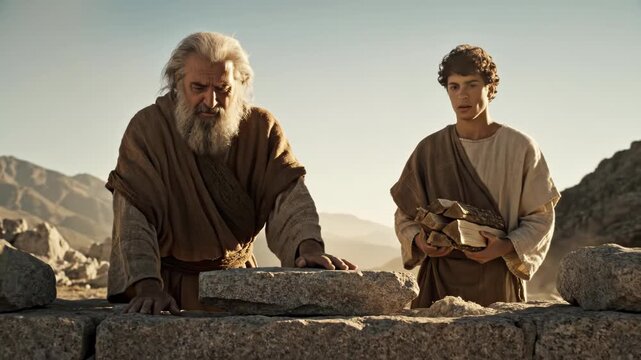 Elderly bearded man and young apprentice in ancient robes working together to lay large stone slabs and build a rough stone wall in a sunlit desert mountain landscape
