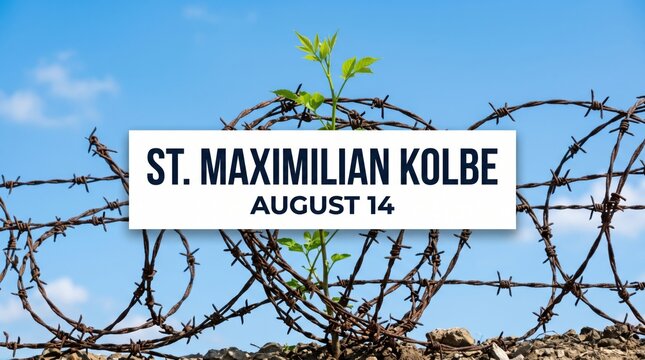 Memorial sign with barbed wire fence honoring Saint Maximilian Kolbe on sunny summer day