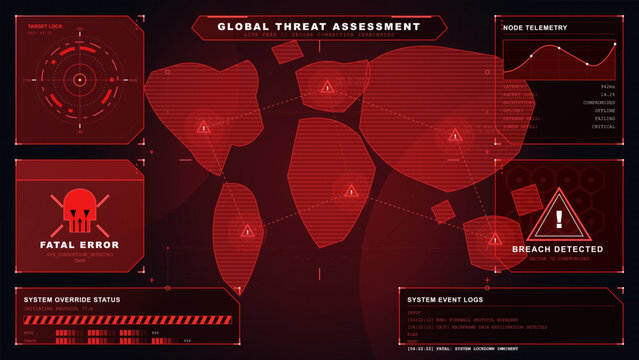 Red cybersecurity threat assessment HUD with world map shapes, target radar, telemetry panel, fatal error alert, breach warning, and event logs