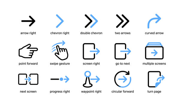 Navigation and arrow icons showing rightward gestures and screens