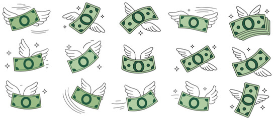 Fototapeta premium Flying Money Icon Set. A collection of illustrated green banknotes with wings. money icon, financial symbol, currency flying, investment growing, business finance.