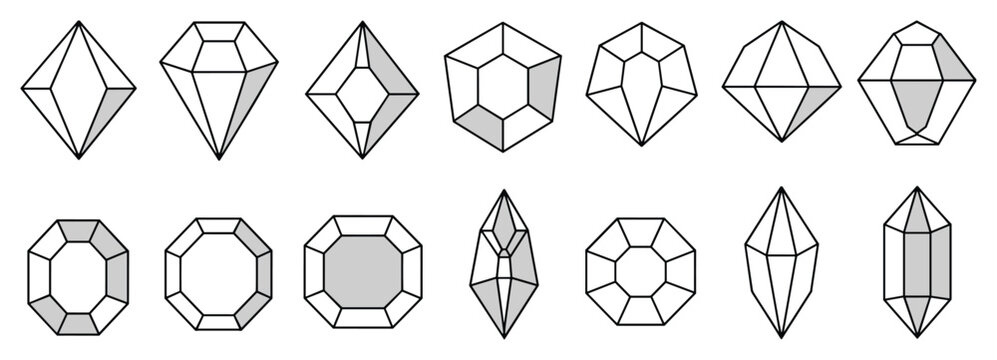 Gemstone Facet Diagrams. A collection of line art illustrations depicting various gemstone cuts and facets. gem cutting, faceted stones, diamond shape, jewelry design.