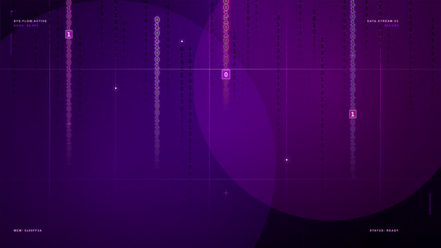 Purple digital data stream background with glowing binary code columns, subtle grid lines, system labels and futuristic interface elements.
