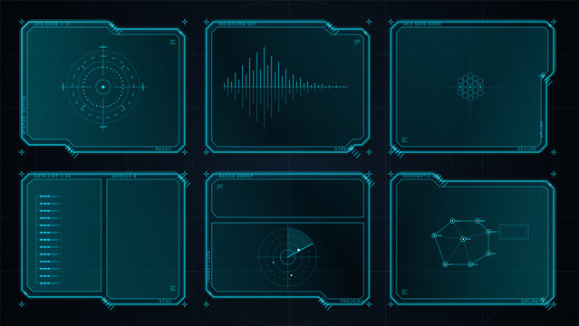 Futuristic cyan HUD panel collection with radar sweep, waveform chart, hex grid node, data list and schematic network on a dark background.