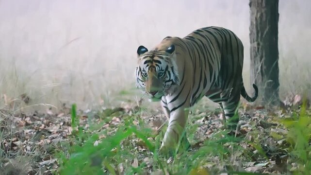Dominant tiger strides with confidence, powerful muscles rippling beneath striped coat&mdash;asserting territorial supremacy