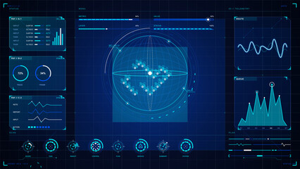 Futuristic blue telemetry HUD dashboard with global wireframe sphere, hexagon map, route waveform, queue graph, status gauges, and scan icons. © Антон Сальников