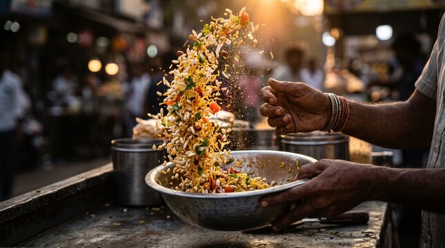 Bhel Puri Tossed in Sunlit Street Stall