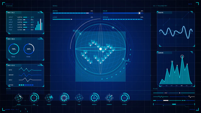 Futuristic blue telemetry HUD dashboard with global wireframe sphere, hexagon map, route waveform, queue graph, status gauges, and scan icons.