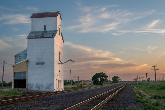 Railroad and old grain elevator in rural Nebraska