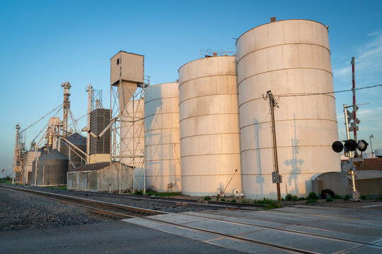 Railroad and grain elevators in rural Nebraska
