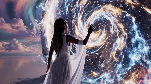 A lone woman in a flowing white gown reaches toward a luminous swirling cosmic portal rising from a mirrored sea as a colorful vortex of clouds and light swirls overhead