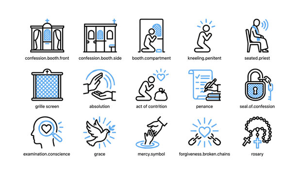 Confession and penance religious icons arranged in grid layout
