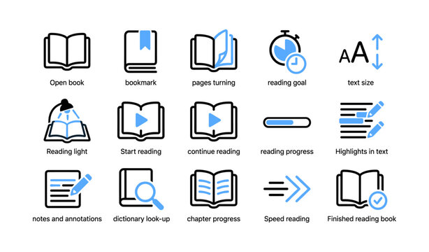 Reading interface and navigation icons arranged in grid