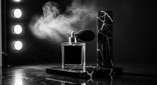 Elegant Black Marble Perfume Bottle Emitting Mist in Sophisticated Studio Lighting