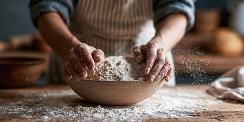 Fototapeta premium A dedicated baker passionately kneads dough in a rustic kitchen setting, surrounded by flour and baking essentials, embodying the art of bread-making and love for food.