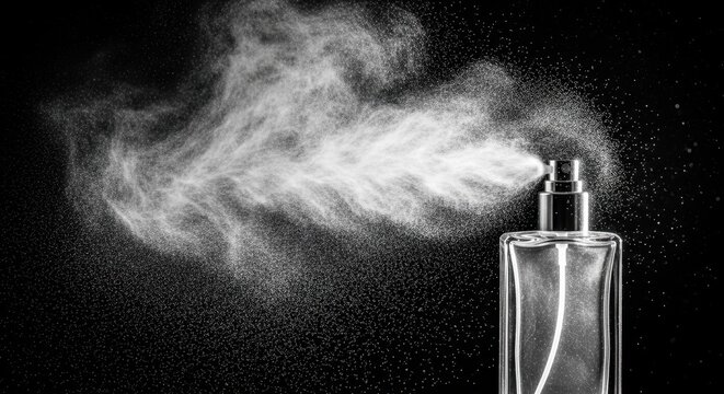 Elegant glass perfume bottle spraying fine mist on a dark background, creating a luxurious aromatic experience.