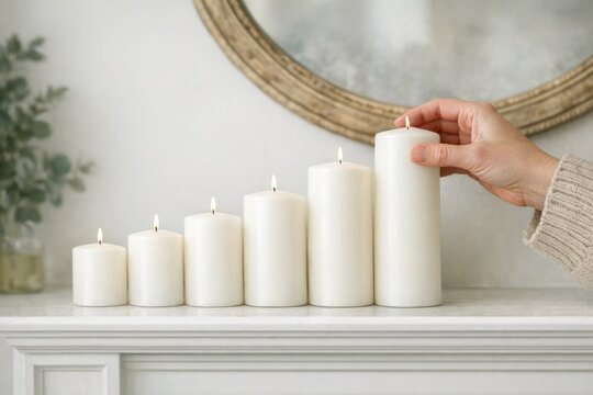 A person holds a lit candle in front of a row of white candles, creating a warm and intimate atmosphere