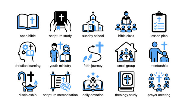 Collection of church and bible study icons arranged in grid