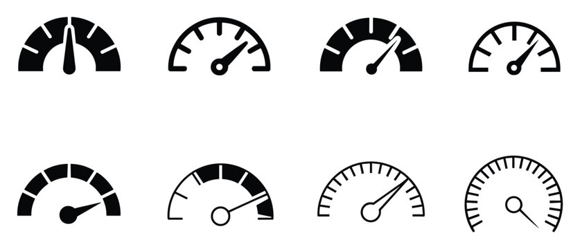 Speedometer Icons Set: A collection of diverse speedometer gauge icons. speed indicator, measurement dial, performance meter, velocity gauge, dashboard dial.