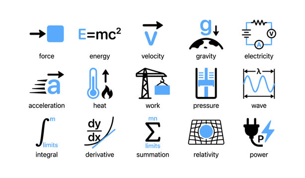 Scientific icons illustrating physics and mathematics concepts grid