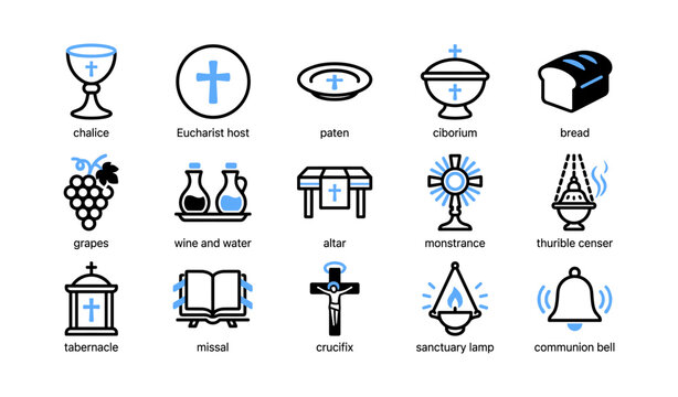 Collection of eucharist and church liturgy icons on white