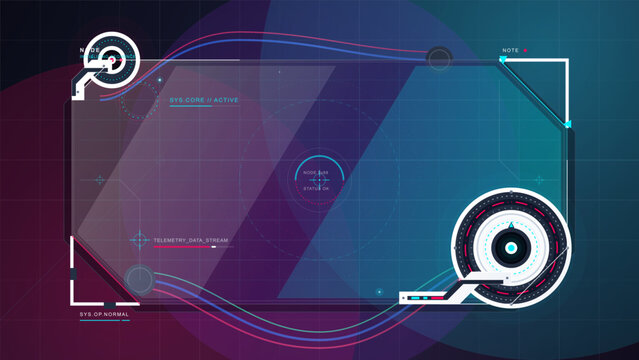Futuristic HUD interface frame with circular scanner elements, cyan and magenta data waves, active system labels, and dark digital grid background