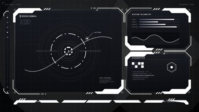 Monochrome futuristic HUD dashboard with white interface frames, central circular scanner, telemetry charts, diagnostics panel, and grid background