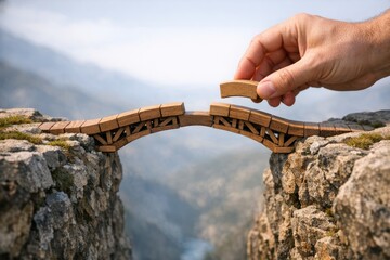 Naklejka premium A person standing on a wooden bridge spanning a deep cliff, with a scenic view in the background