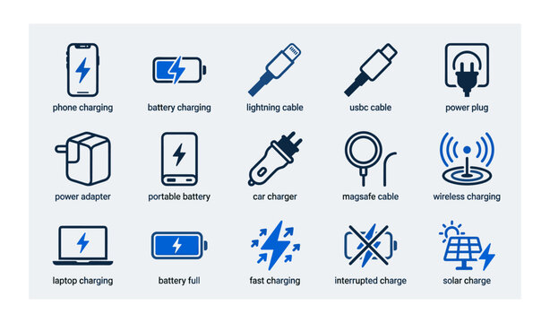 Phone and battery charging icons showing cables and adapters