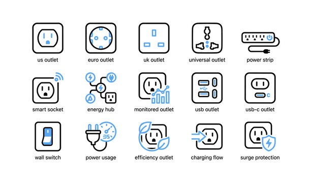 Electrical outlet icons displaying sockets and power accessories grid