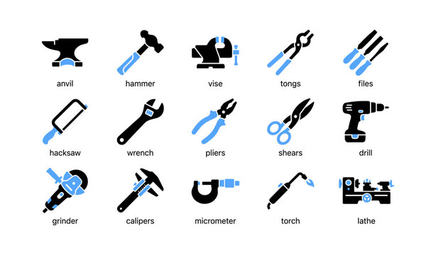 Workshop tool icons showing hand tools and machine tools