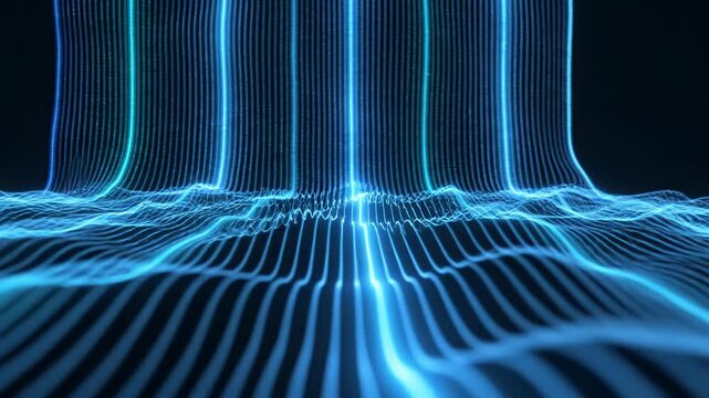 Neon-blue lightwave landscape with vertical luminous beams and undulating gridlines forming a glowing data horizon and pulsing energy field evoking motion and depth