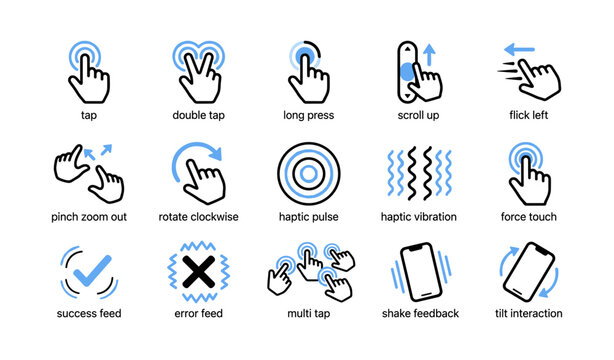 Touch gesture icons demonstrating interactions on white background