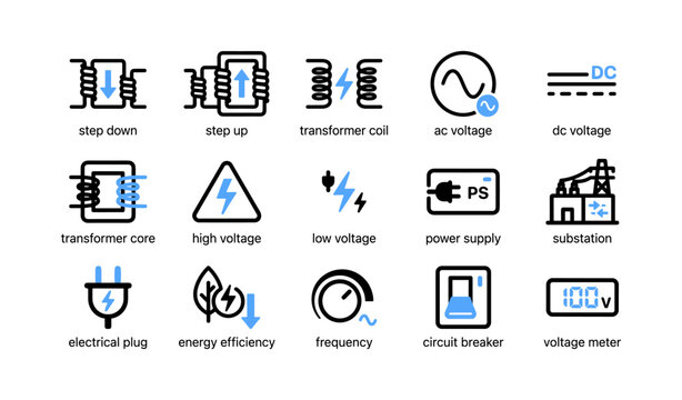 Electrical power icons depicting voltage and transformer components