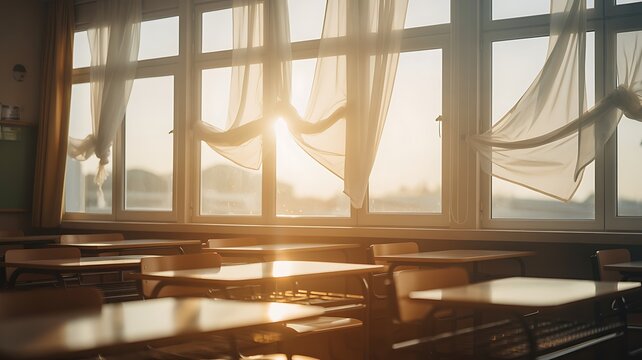Warm sunlight streams through classroom windows, illuminating empty desks and light curtains.