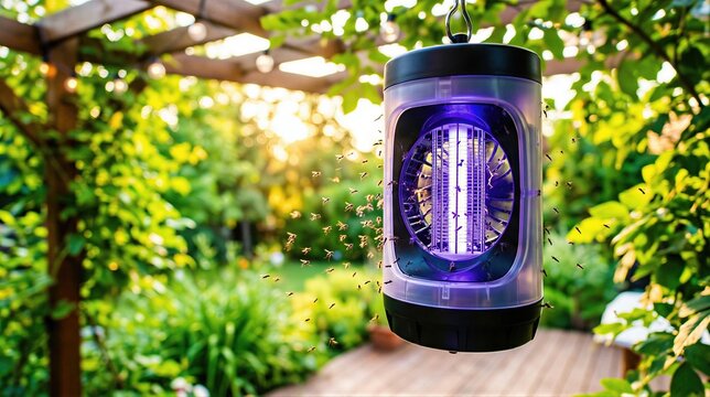 Electric insect zapper hanging in garden to attract and eliminate mosquitoes. Professional pest control equipment for backyard protection. Effective outdoor device against flying bug.