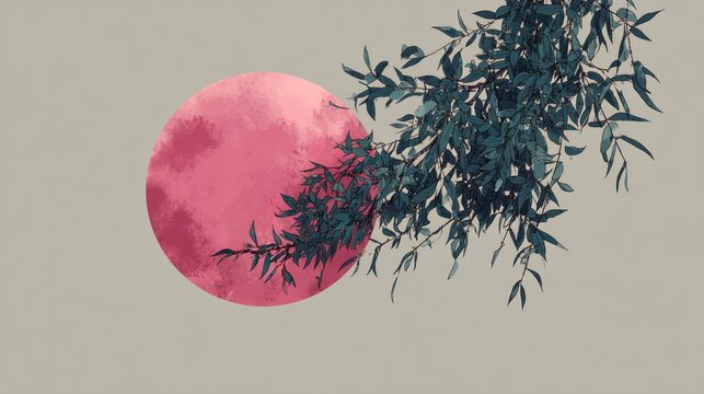 Stylized depiction of dark foliage overlapping a textured, rosy celestial body against a muted backdrop