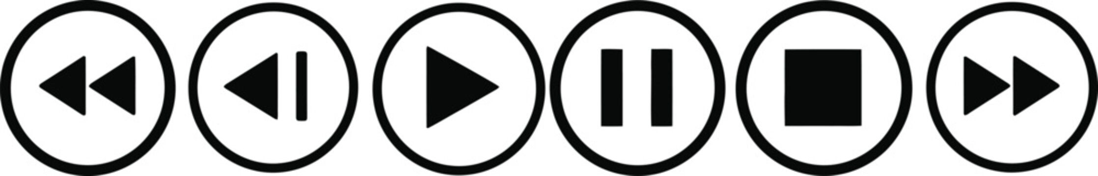 Set of black media player control buttons featuring play pause stop and skip functions backward interface multimedia navigation isolated silhouette technology software