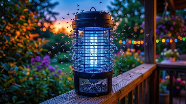 Electric insect killer lamp attracting mosquitoes on terrace at night. Portable electronic bug zapper for outdoor pest control and garden protection from biting flying insects in summer.