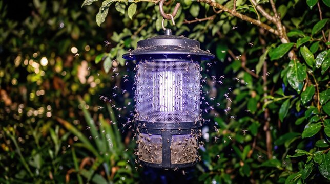 Electric fly zapper hanging in garden at night. Mosquito trap attracting flying insects with ultraviolet light. Pest control equipment for home backyard protection against bugs.