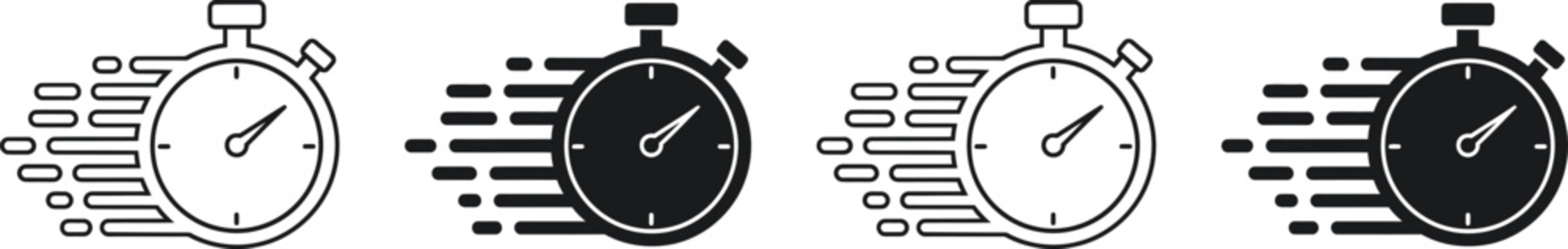 Fast stopwatch timer icons in various styles representing speed and efficiency with stopwatch efficiency measurement deadline countdown performance productivity minimalist