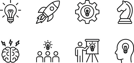 Minimalist black outline business innovation icon set featuring lightbulb rocket ship gear chess knight brain team presentation and human head © Sumaiya